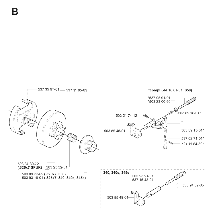 Clutch And Oil Pump Diagram and Parts List for 345 20070100001-Current Husqvarna Chainsaw