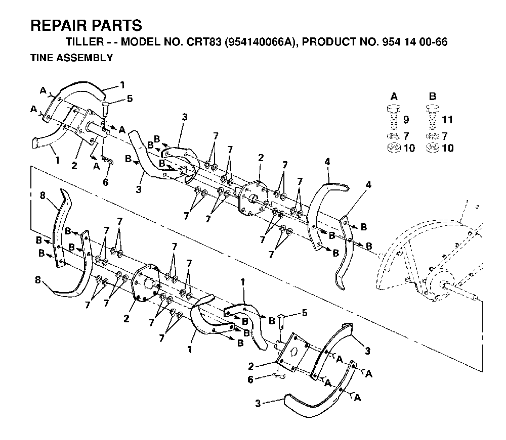 Tine Assembly Diagram and Parts List for CRT83 (954140066A)(1998-02) Husqvarna Tiller