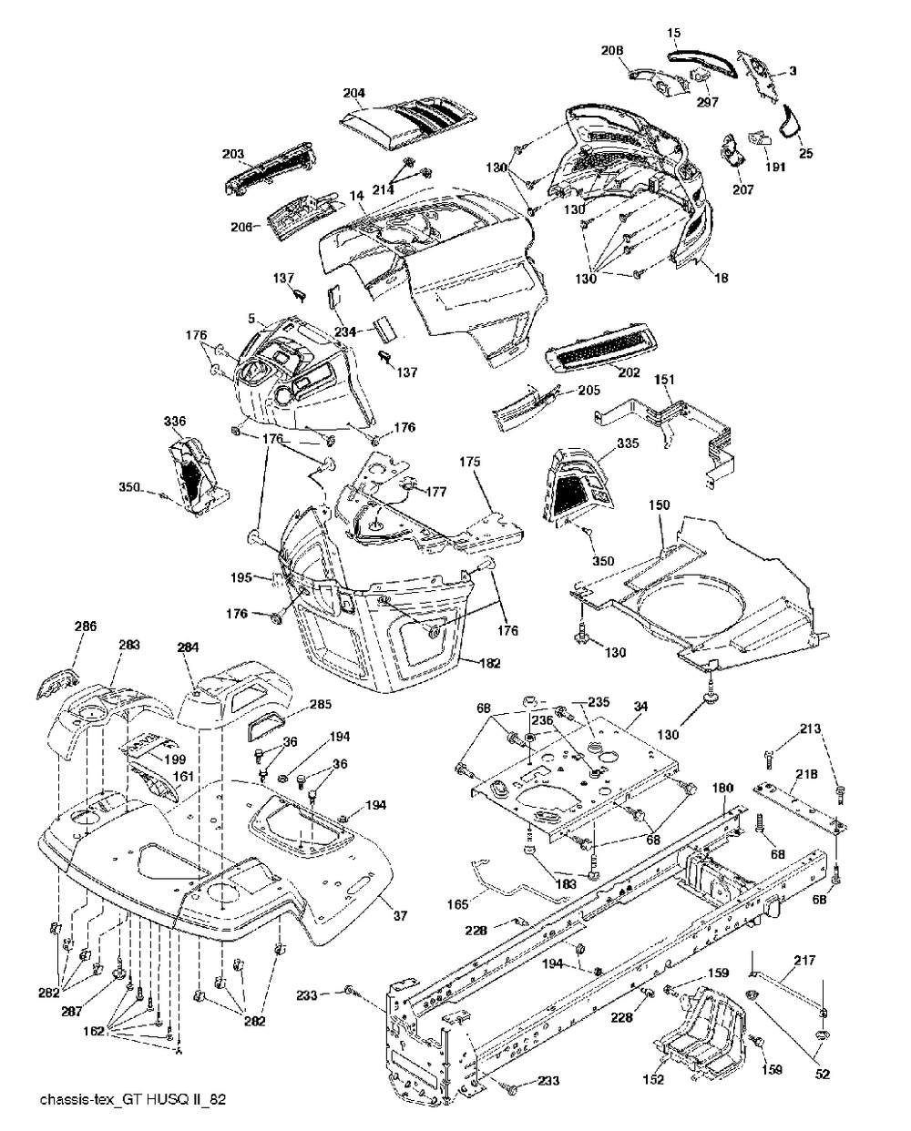 Chassis / Frame Diagram and Parts List for YTH2348 (917240443)(2012-11) Husqvarna Lawn Tractor