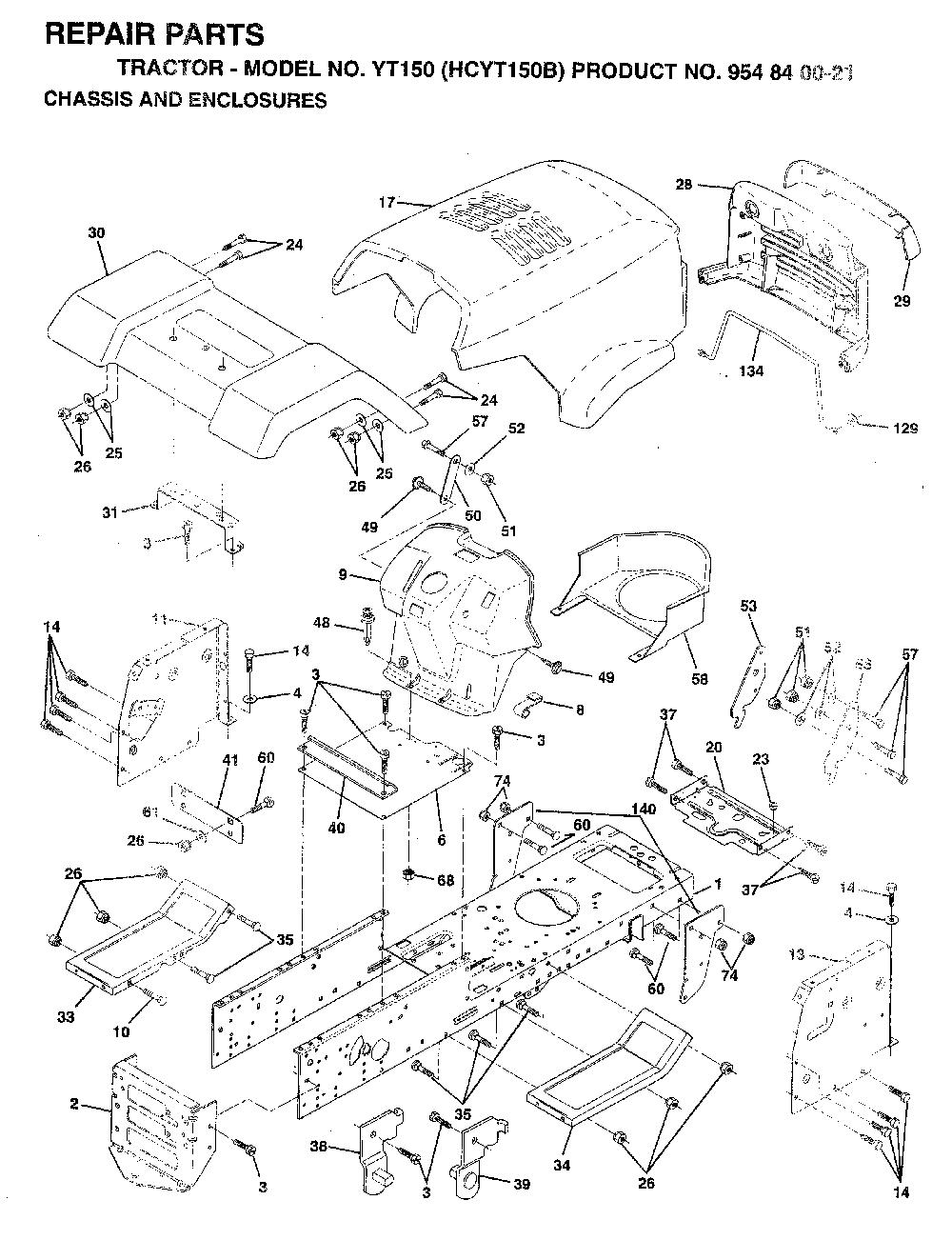 Chassis And Enclosures Diagram and Parts List for YT150 (HCYT150B, 954840021)(1996-04) Husqvarna Lawn Tractor
