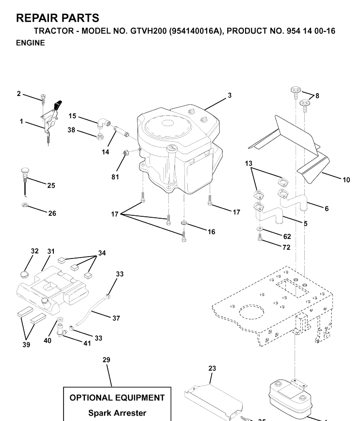 Engine Diagram and Parts List for GTVH200 (954140016A)(1998-10) Husqvarna Lawn Tractor