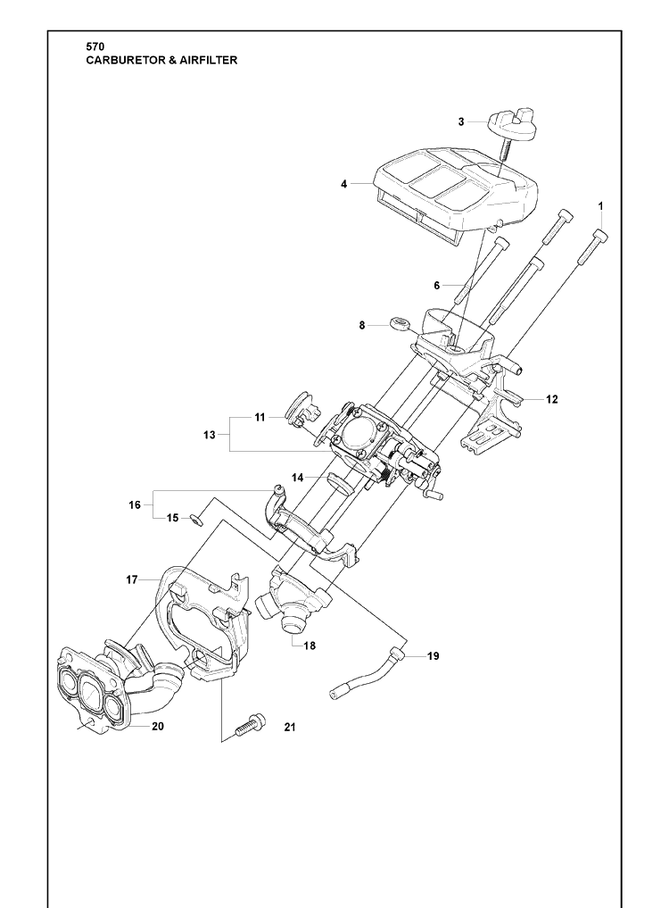 Carburetor And Air Filter Diagram and Parts List for 570 2009-08 Husqvarna Chainsaw