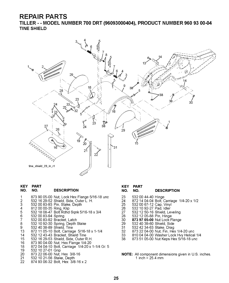 Tine Shield Diagram and Parts List for 700DRT 2008-11 Husqvarna Cultivator
