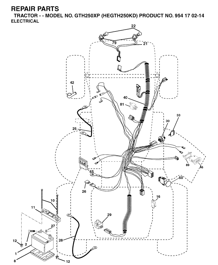 Electrical Diagram and Parts List for GTH250XP (HEGTH250KD)(2004-09) Husqvarna Lawn Tractor