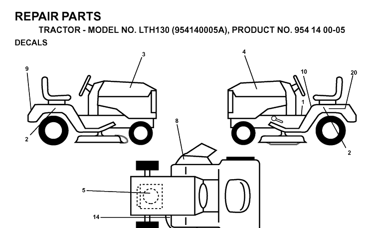 Decals Diagram and Parts List for LTH130 (954140005A)(1997-01) Husqvarna Lawn Tractor
