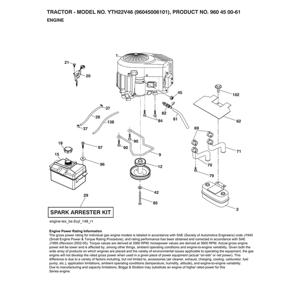 Engine Diagram and Parts List for 96045006101  Husqvarna Lawn Tractor