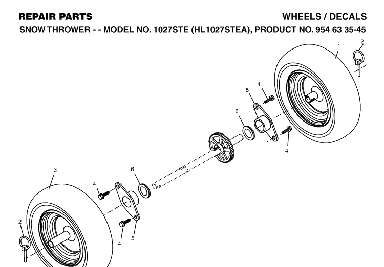 Wheels And Tires Diagram and Parts List for 1027STE (10527STE)(2004-03) Husqvarna Snow Blower