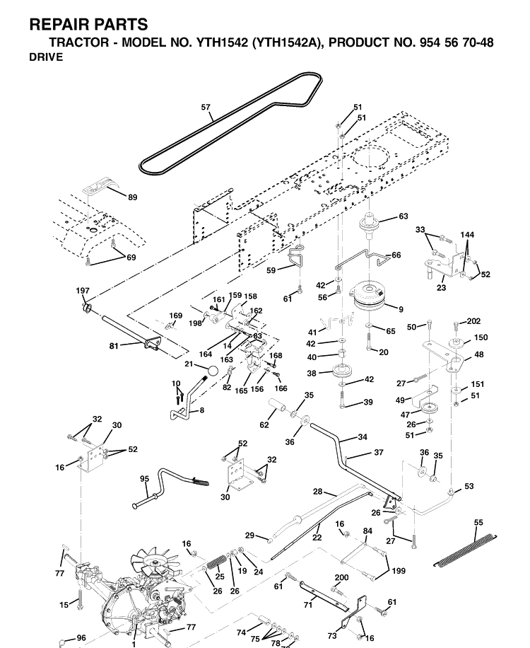 Drive Diagram and Parts List for YTH1542 (954567048)(2000-11) Husqvarna Lawn Tractor