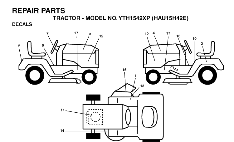 Decals Diagram and Parts List for YTH1542XP (HAU15H42E)(2004-01) Husqvarna Lawn Tractor