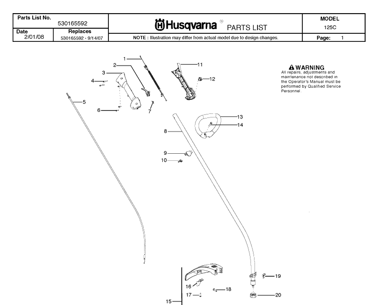 Shaft And Handle Diagram and Parts List for 125C 20082200001-Current Husqvarna Edger