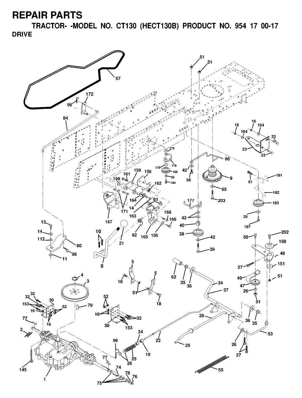 Drive Diagram and Parts List for CT130 (954170017-B)(2000-02) Husqvarna Lawn Tractor