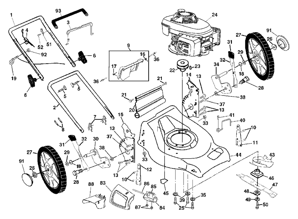 Handle And Deck Assembly Diagram and Parts List for 5521CH (954223234-B)(2003-03) Husqvarna Lawn Mower
