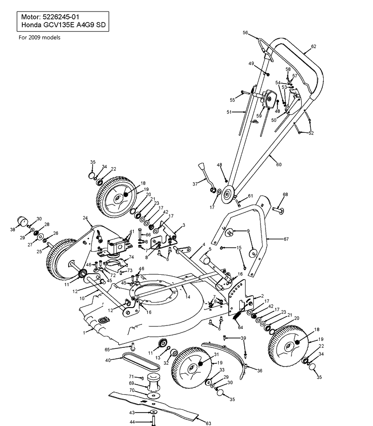 Frame And Engine Diagram and Parts List for WB48S  Husqvarna Lawn Mower
