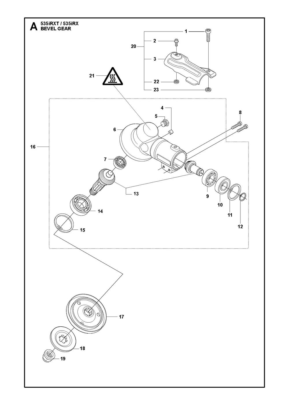 Bevel Gear Diagram and Parts List for 535IRX  Husqvarna Brush Cutter
