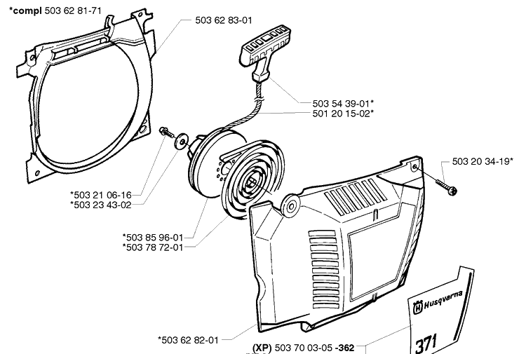 Starter Assembly Diagram and Parts List for 362EPA 1999-05 Husqvarna Chainsaw