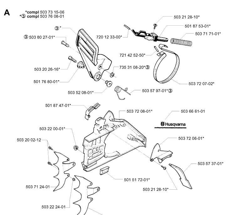 Chain Brake Diagram and Parts List for 395XP/ (XPG)(20010100001-20034000000) Husqvarna Chainsaw