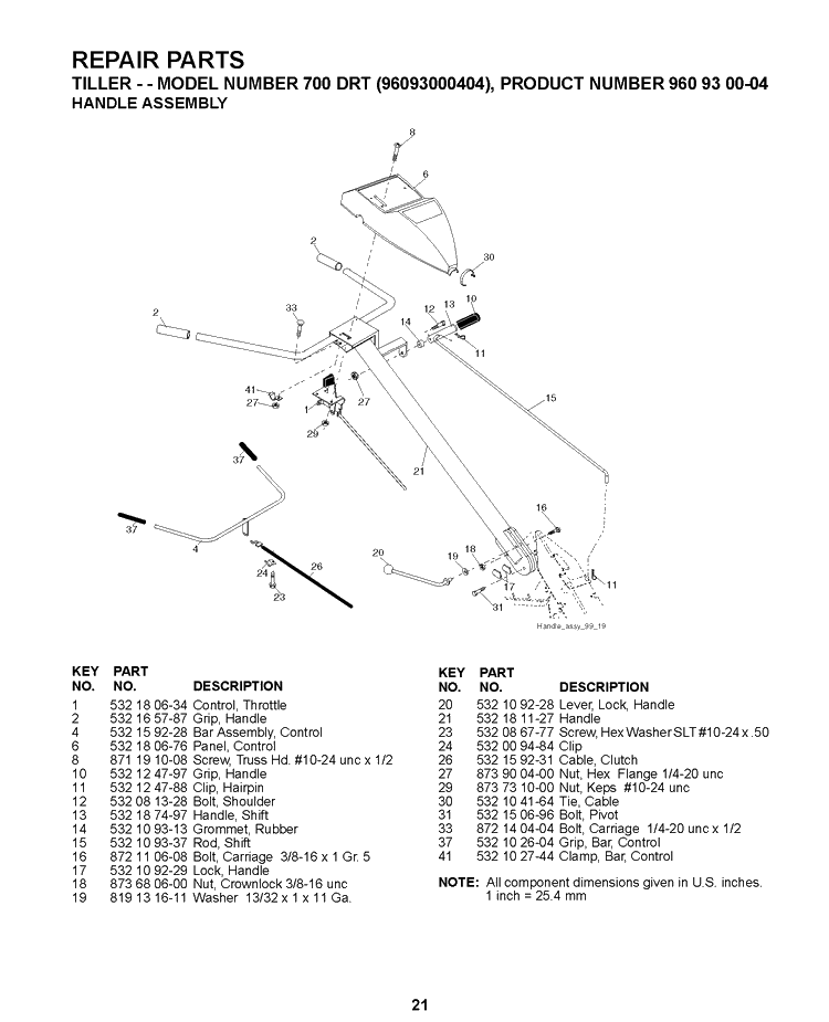 Handle And Controls Diagram and Parts List for 700DRT 2008-11 Husqvarna Cultivator