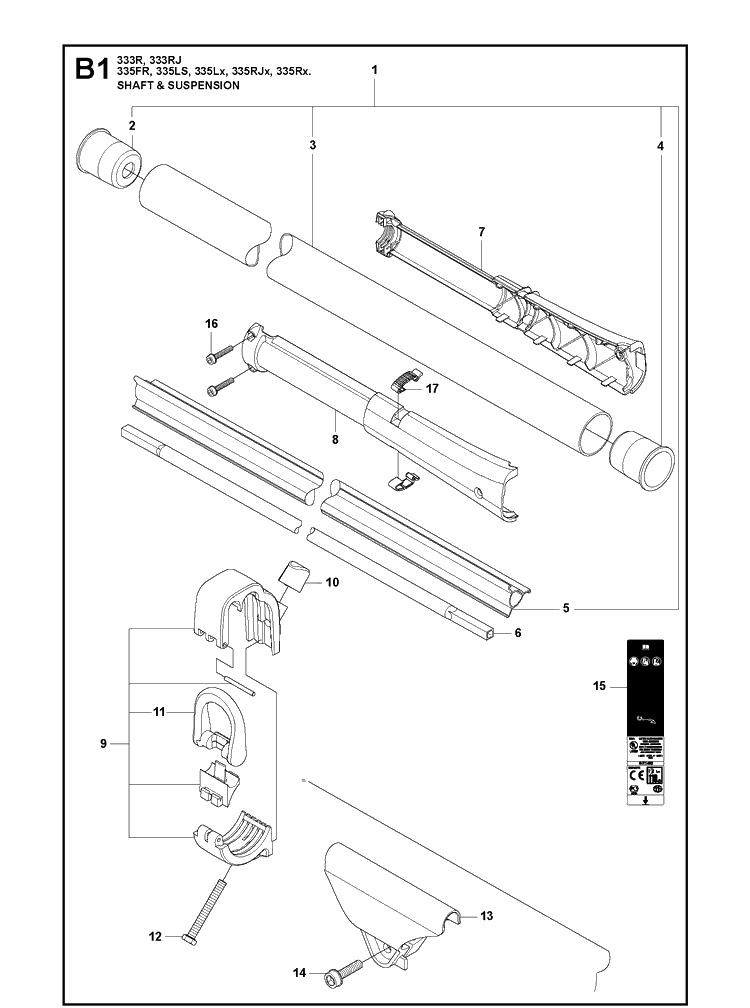 Shaft And Suspension Diagram and Parts List for 333R 20080100001-20105299999 Husqvarna Brush Cutter