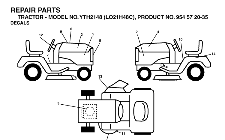 Decals Diagram and Parts List for YTH2148-LO21H48C 2004-03 Husqvarna Lawn Tractor