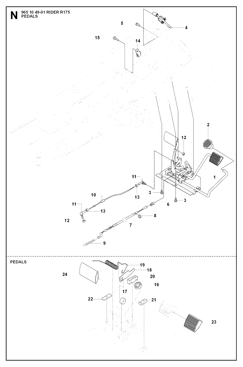 Pedals Diagram and Parts List for R175 (965104901)(2007-01) Husqvarna Lawn Tractor