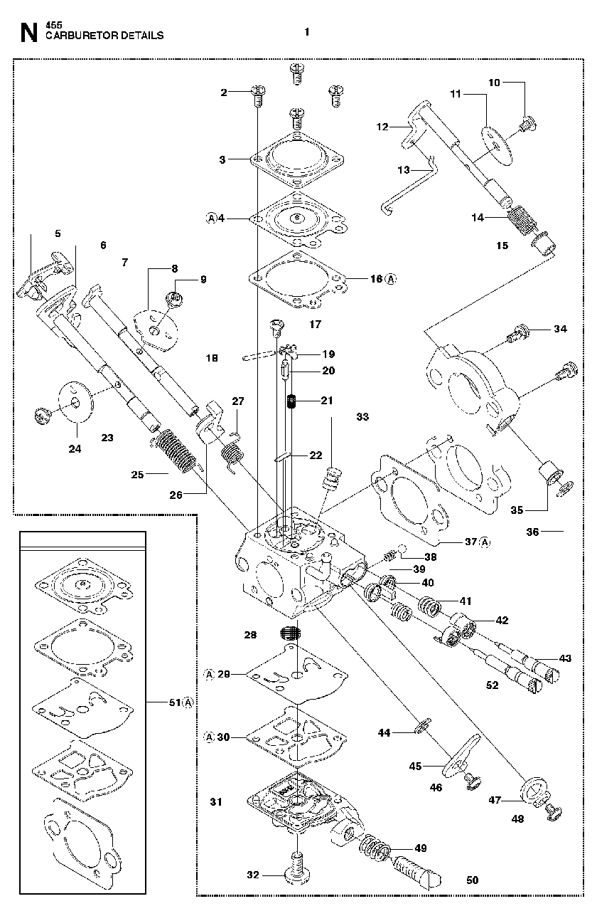 Carburetor Details Diagram and Parts List for 455ERANCHER 2013-01 Husqvarna Chainsaw