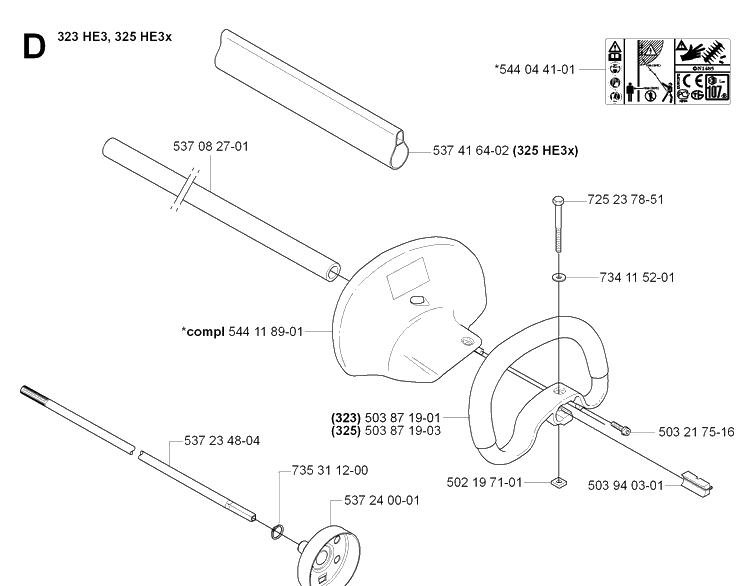Shaft And Handle Diagram and Parts List for 325HE3 (X-SERIES)(20070100001-20090900000) Husqvarna Hedge Trimmer