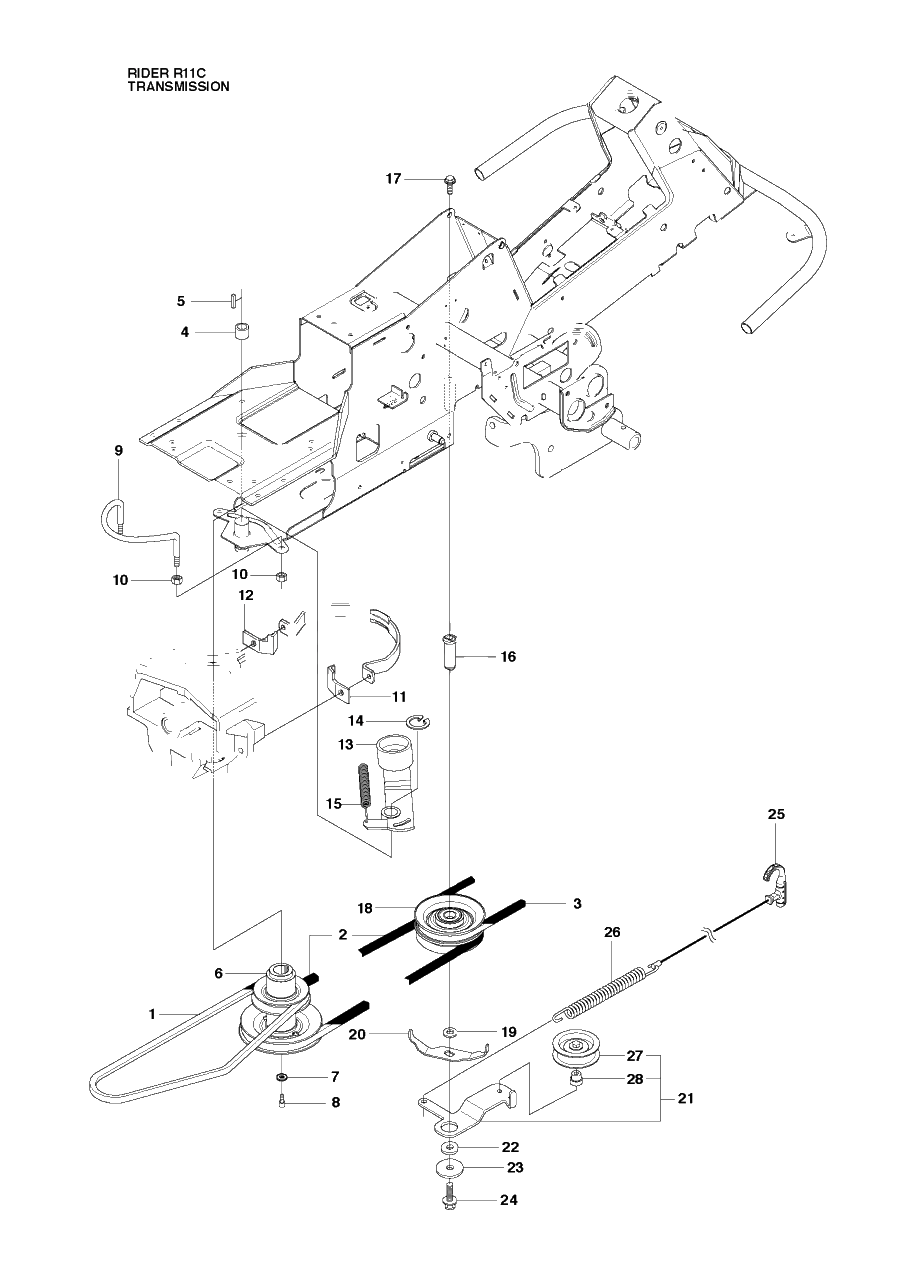 Transmission Diagram and Parts List for R11C (965094201)(2010-07) Husqvarna Lawn Tractor