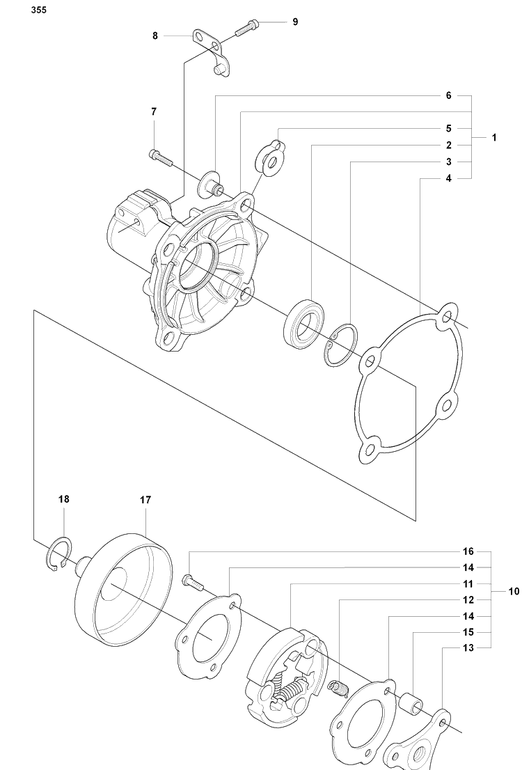 Clutch/Drum/Housing (355) Diagram and Parts List for 355FXT 2008-07 Husqvarna Brush Cutter