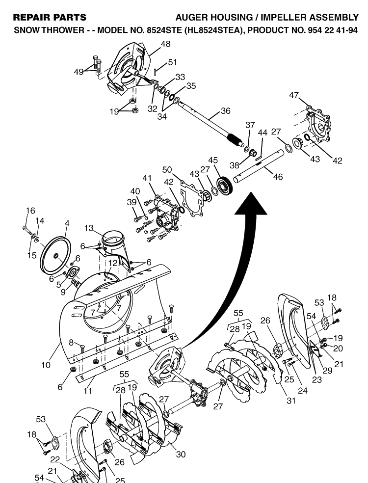Auger Housing And Impeller Diagram and Parts List for 8524STE (HL8524STEA)(2004-08) Husqvarna Snow Blower