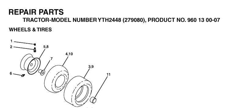 Wheels And Tires Diagram and Parts List for YTH2448-279080 2004-12 Husqvarna Lawn Tractor