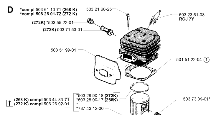 Cylinder Piston Diagram and Parts List for 268K 1999-09 Husqvarna Lawn Tractor Accessories