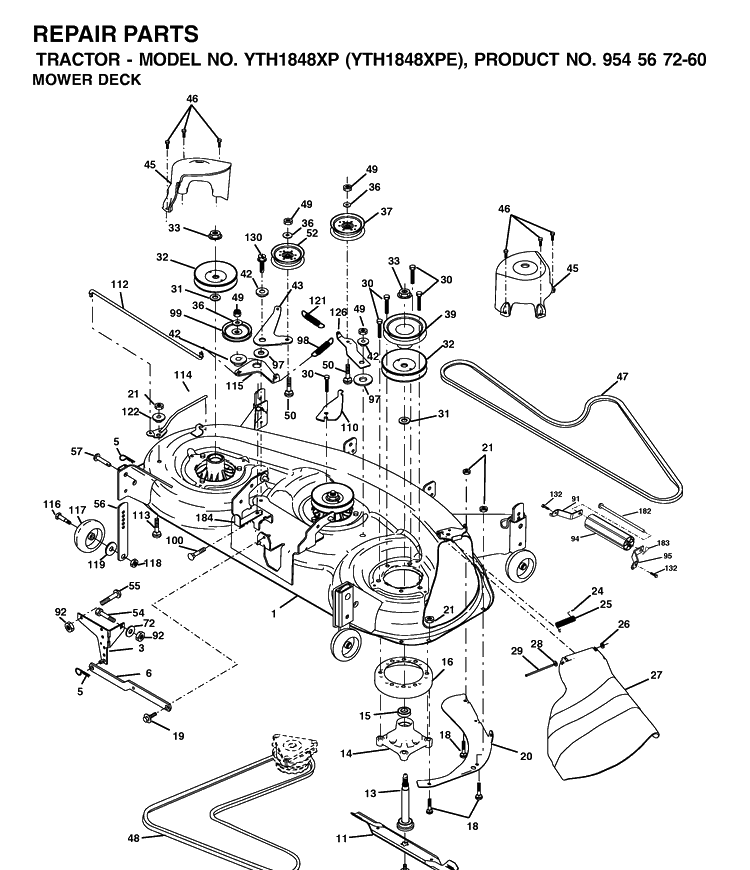 Mower Deck / Cutting Deck Diagram and Parts List for YTH1848XP (954567260)(2002-02) Husqvarna Lawn Tractor