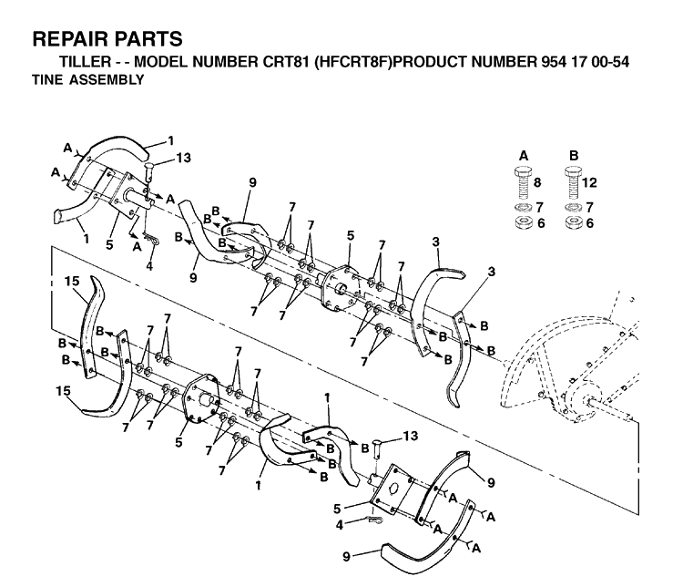 Tine Assembly Diagram and Parts List for CRT81 (HFCRT8F)(2002-01) Husqvarna Cultivator