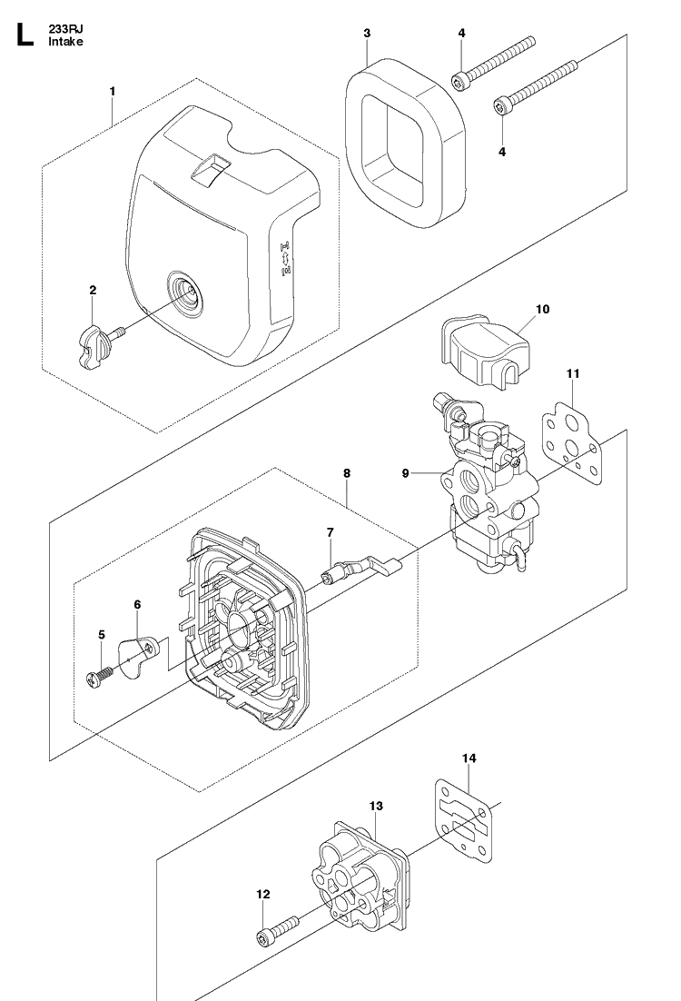 Carburetor And Air Filter Diagram and Parts List for 233RJ 20090100001-20112700000 Husqvarna Brush Cutter