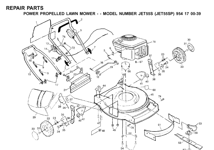 Frame And Engine Diagram and Parts List for JET55-JET55SP 2001-03 Husqvarna Lawn Mower