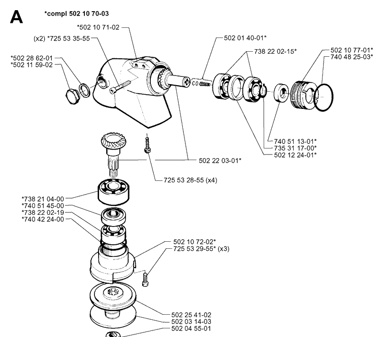 Bevel Gear Diagram and Parts List for 265RX 19954500001-19991000000 Husqvarna Brush Cutter