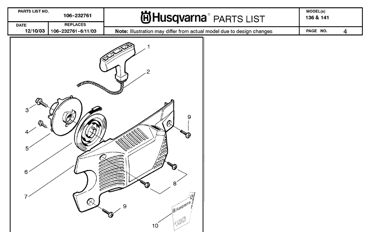 Starter Diagram and Parts List for 136 20040100001-Current Husqvarna Chainsaw