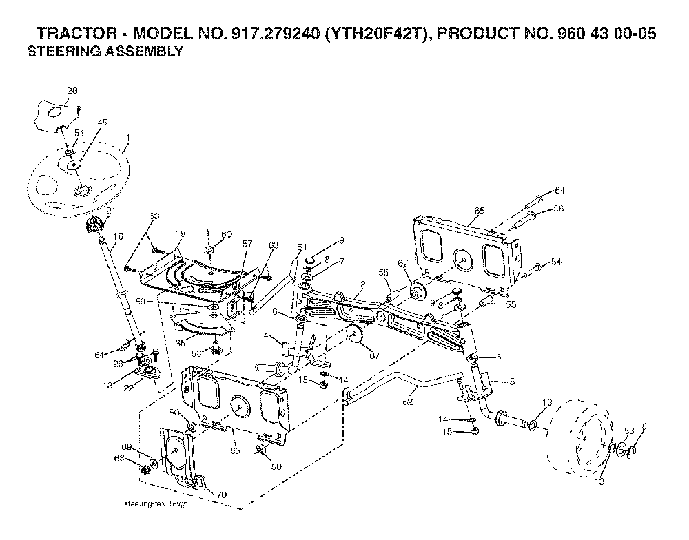 Steering Diagram and Parts List for YTH20F42T (917279240, 960430005)(2006-02) Husqvarna Lawn Tractor