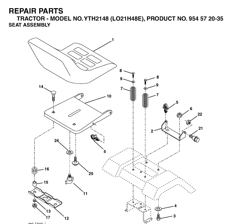 Seat Diagram and Parts List for YTH2148-LO21H48E 2005-05 Husqvarna Lawn Tractor