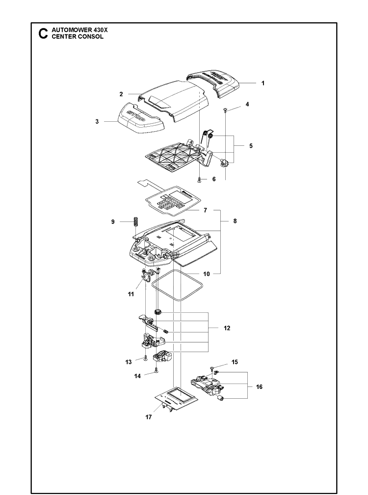 Center Consol Diagram and Parts List for 430X 2019 Husqvarna Lawn Mower