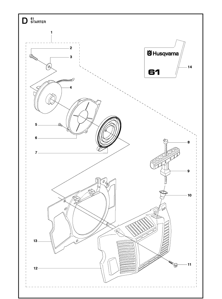 Starter Diagram and Parts List for 61  Husqvarna Chainsaw