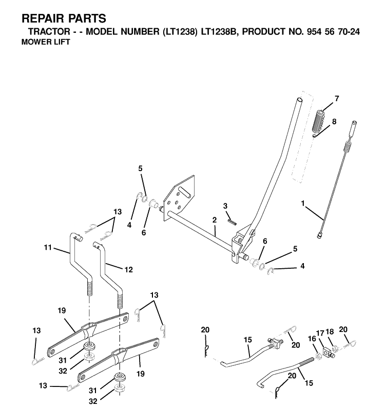Mower Lift / Deck Lift Diagram and Parts List for LT1238-LT1238B 2001-03 Husqvarna Lawn Tractor