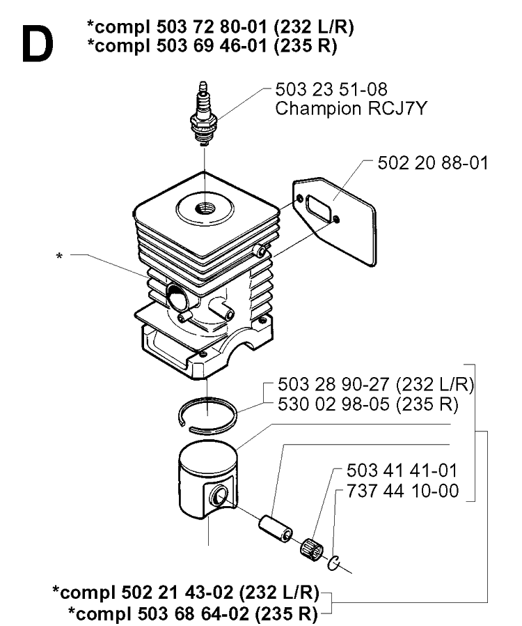 Cylinder Piston Diagram and Parts List for 235R 19970500001-19980100000 Husqvarna Brush Cutter