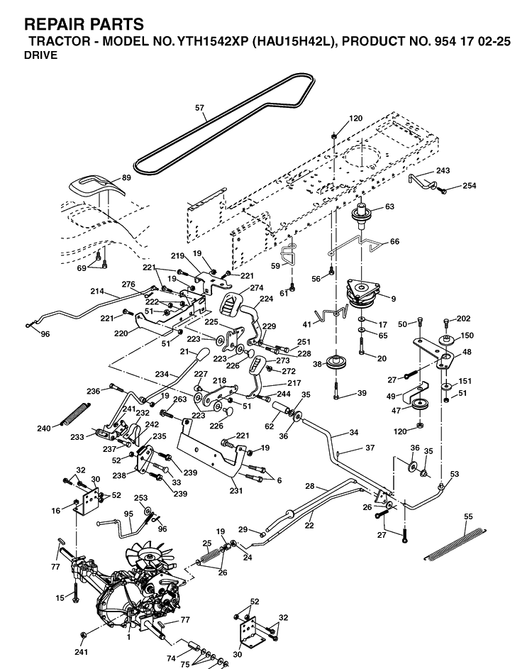 Drive Diagram and Parts List for YTH1542XP (HAU15H42L)(2005-05) Husqvarna Lawn Tractor