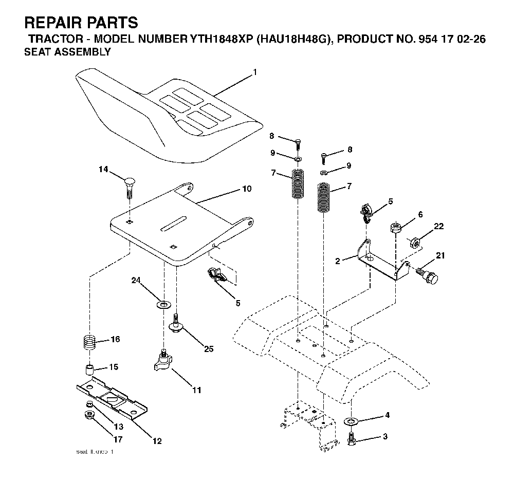 Seat Diagram and Parts List for YTH1848XP (HAU18H48G, 954170226)(2004-09) Husqvarna Lawn Tractor