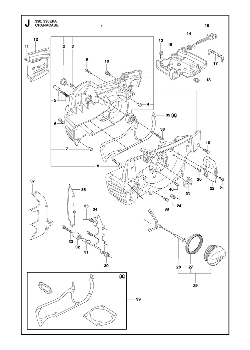 Crankcase Diagram and Parts List for 390XP-390XPG 390 XP W - 390 XP GW Husqvarna Chainsaw