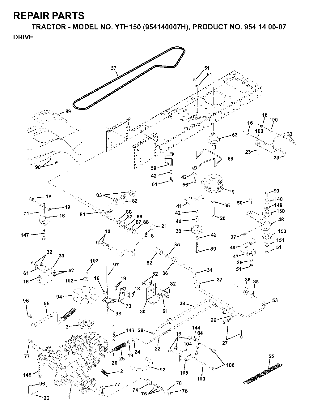 Drive Diagram and Parts List for YTH150 (954140007H, 954140007)(1998-09) Husqvarna Lawn Tractor
