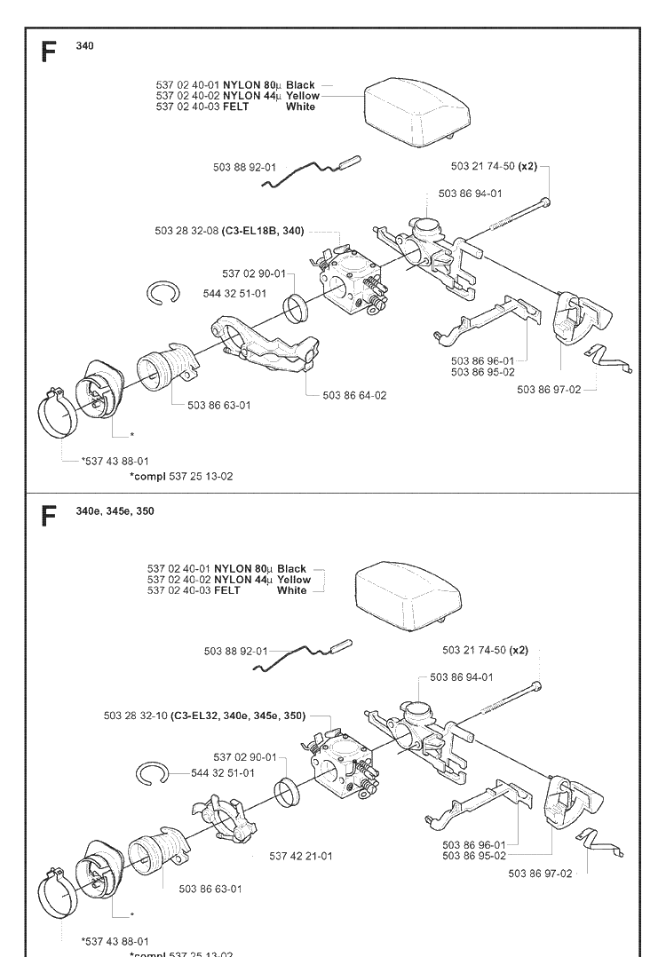 Carburetor And Air Filter Diagram and Parts List for 345 20070100001-Current Husqvarna Chainsaw