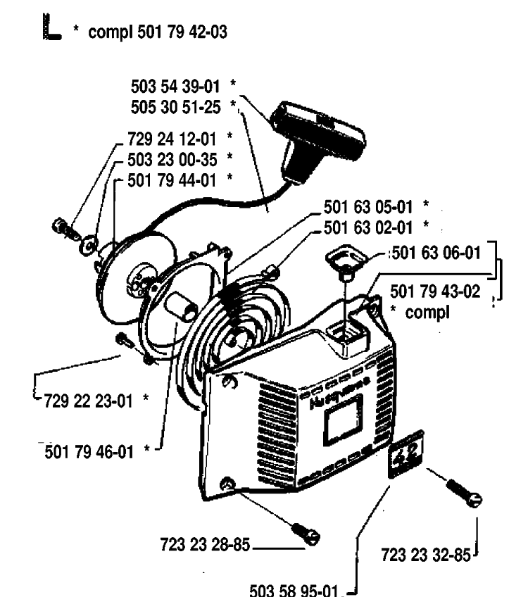 Starter Diagram and Parts List for 42 19920900001-19941400000 Husqvarna Chainsaw