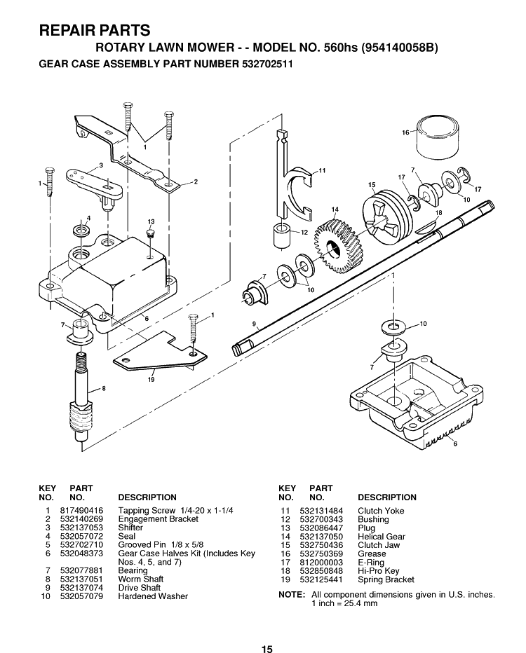 Gear Case Diagram and Parts List for 560HS (954140058B)(1998-10) Husqvarna Lawn Mower